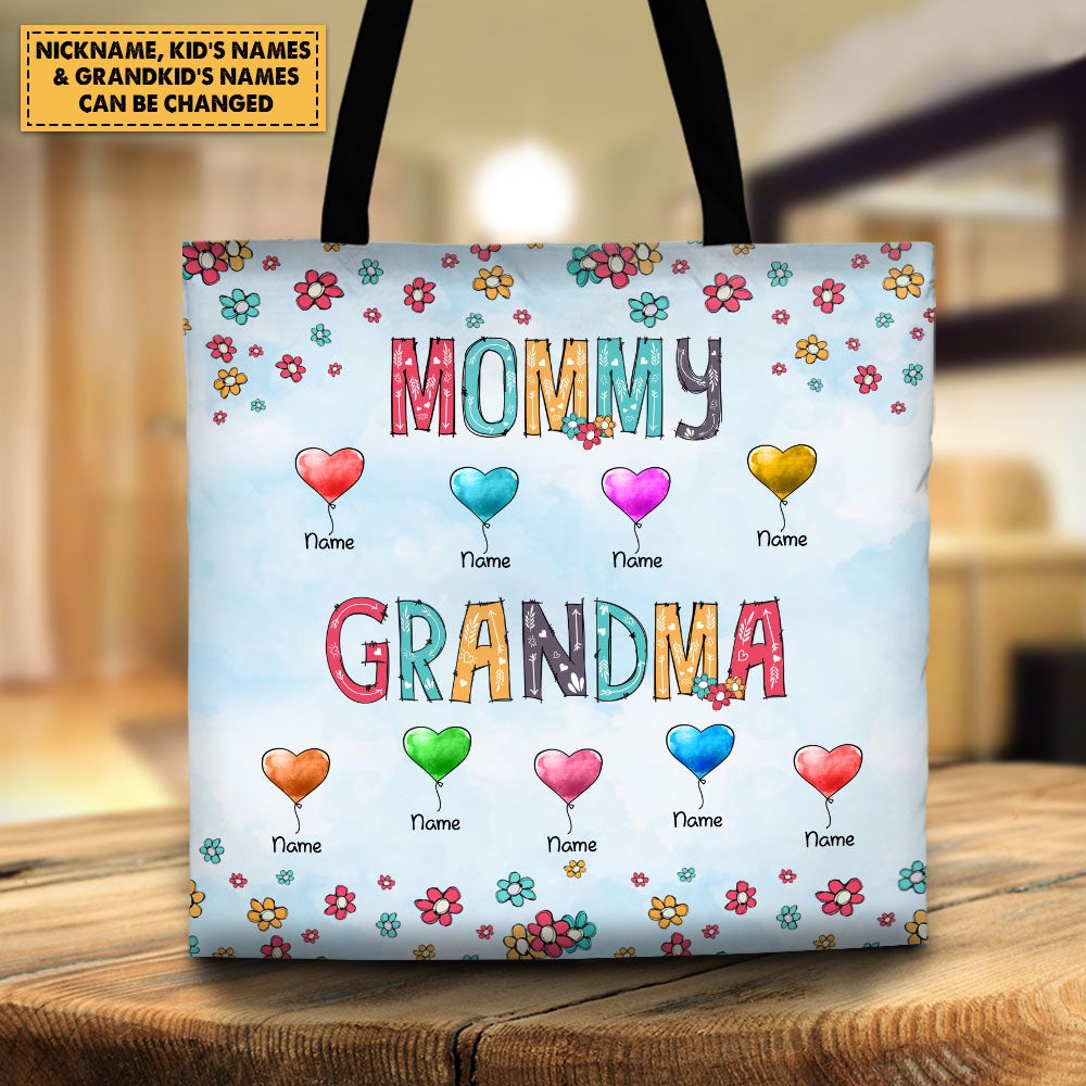 Personalozed First Mom Now Grandma Colorful Balloons Tote Bag Mom Grandma With Kids Name Tote Bag