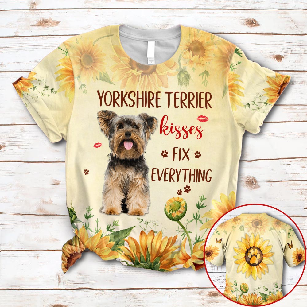 Personalized Yorkshire Terrier Kisses Fix Everything Sunflower Background Pattern All Over Print Shirts 3D Hoodie For Dog Mom Dog Lovers Kl97