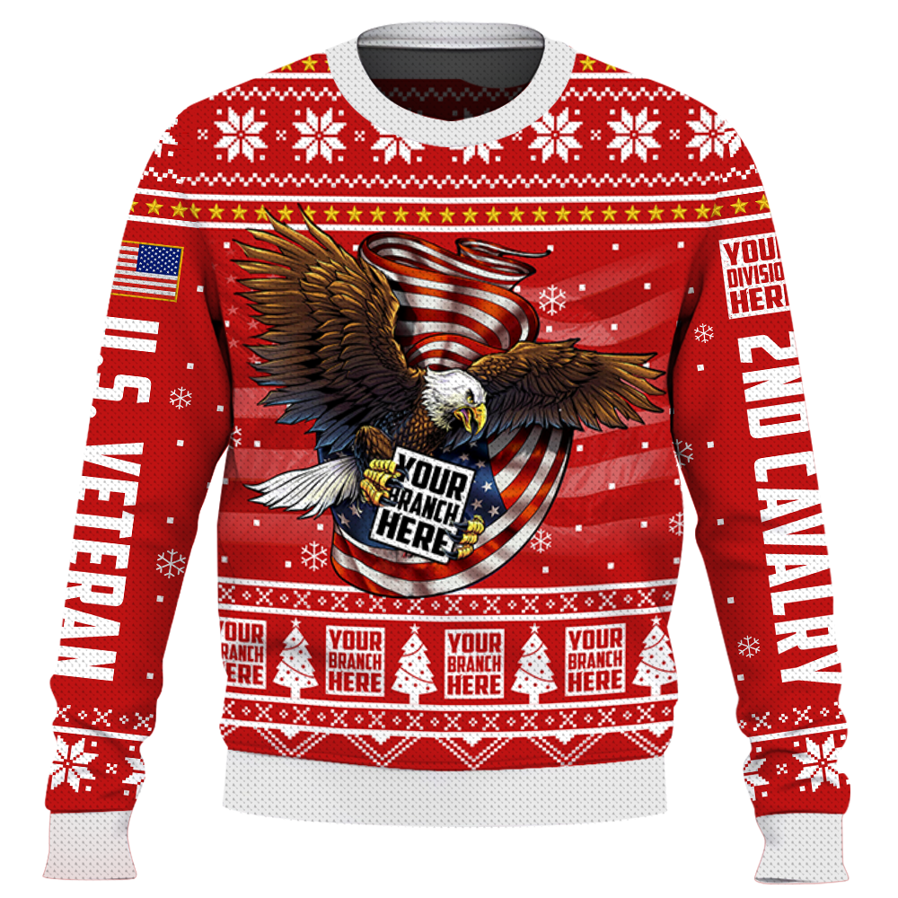 Custom Ugly Christmas Sweater Branch Division Rank Proudly Served Duty Honor Country Eagle Ugly Sweater Shirt For Veterans K1702
