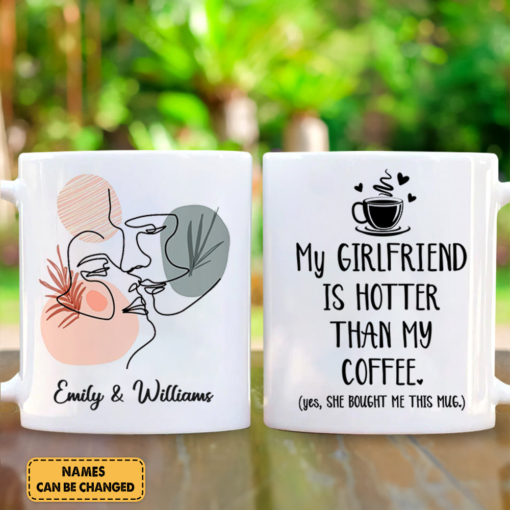 Personalized Couple Line Art Mug Gift For Boyfriend - Custom Gifts For Him - My Girlfriend Is Hotter Than My Coffee Custom Couple Mug