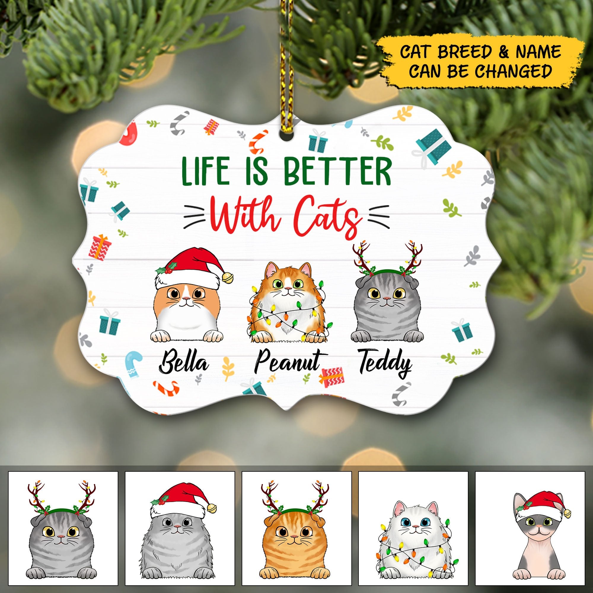 Personalized Life Is Better With Cats Christmas Ornament Tree, Cute Cat Christmas Ornament, Custom Cat And Cat Name Ornament.