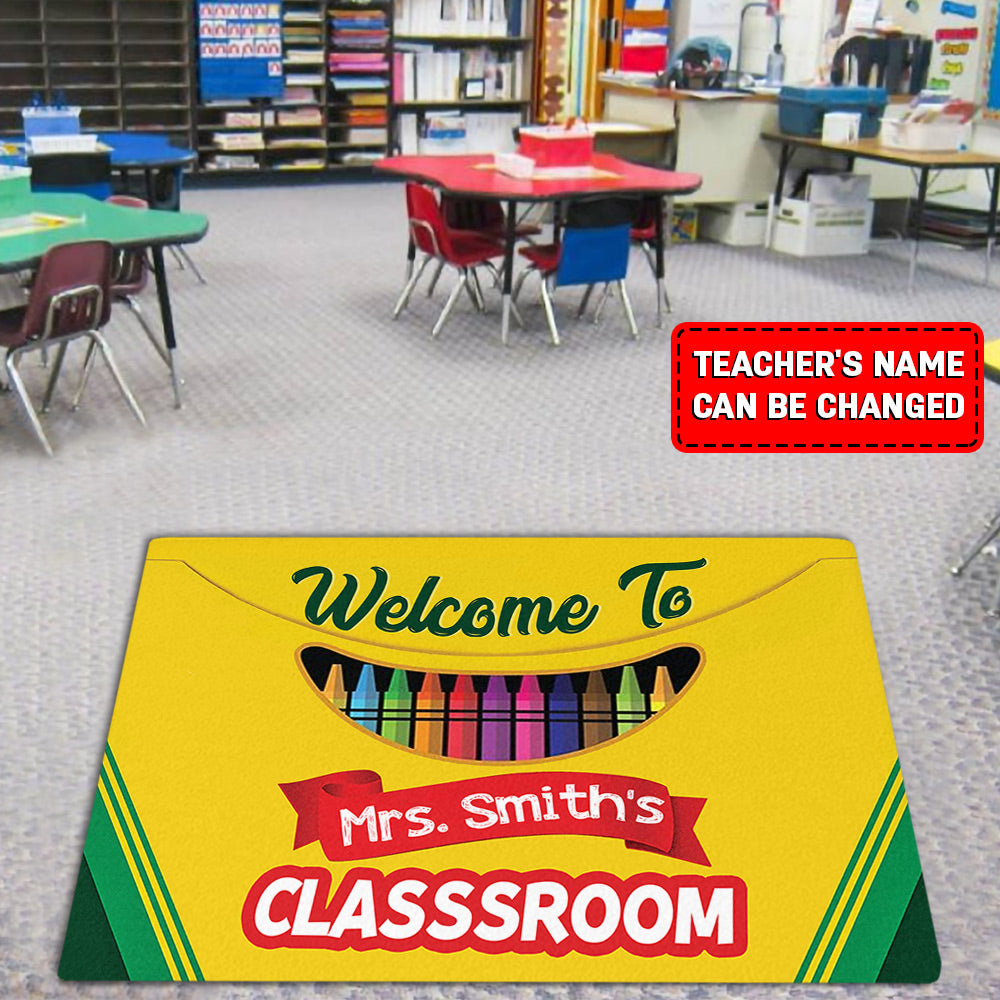 Personalized Welcome To Teacher's Classroom, Crayon Box Back To School Doormat For Teacher