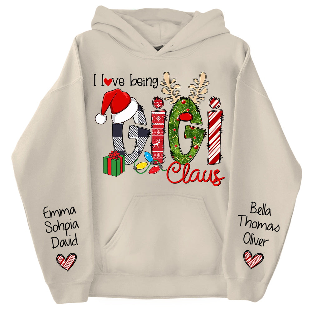 I Love Being Gigi Claus - Custom Grandma With Grandkids Name On The Sleeve