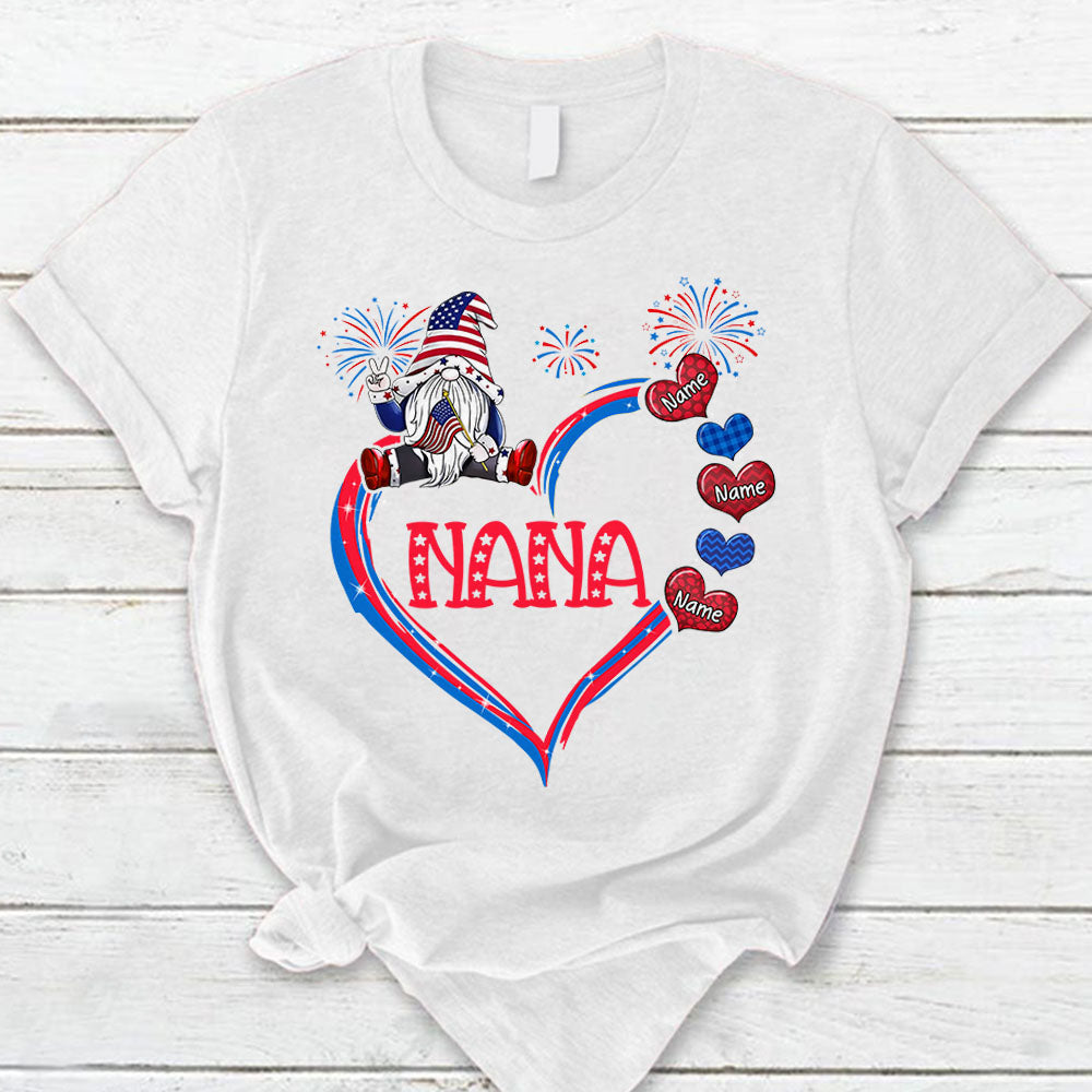 Personalized Nana Gnomes, 4Th Of July Hearts T-Shirt For Grandma