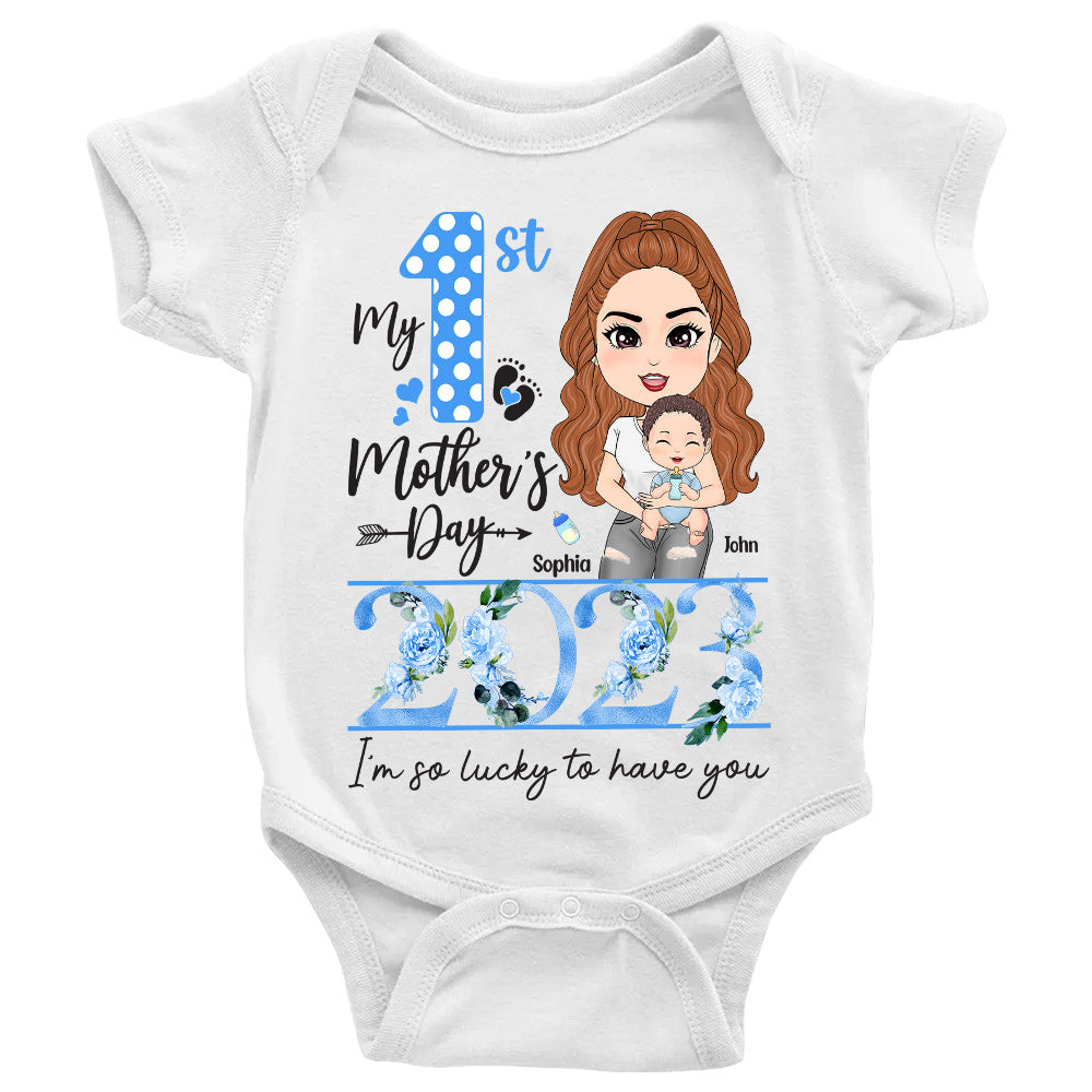 My 1st Mother's Day 2024 I Am So Lucky To Have You Custom shirt For First Mom Baby Onesie Gift H2511