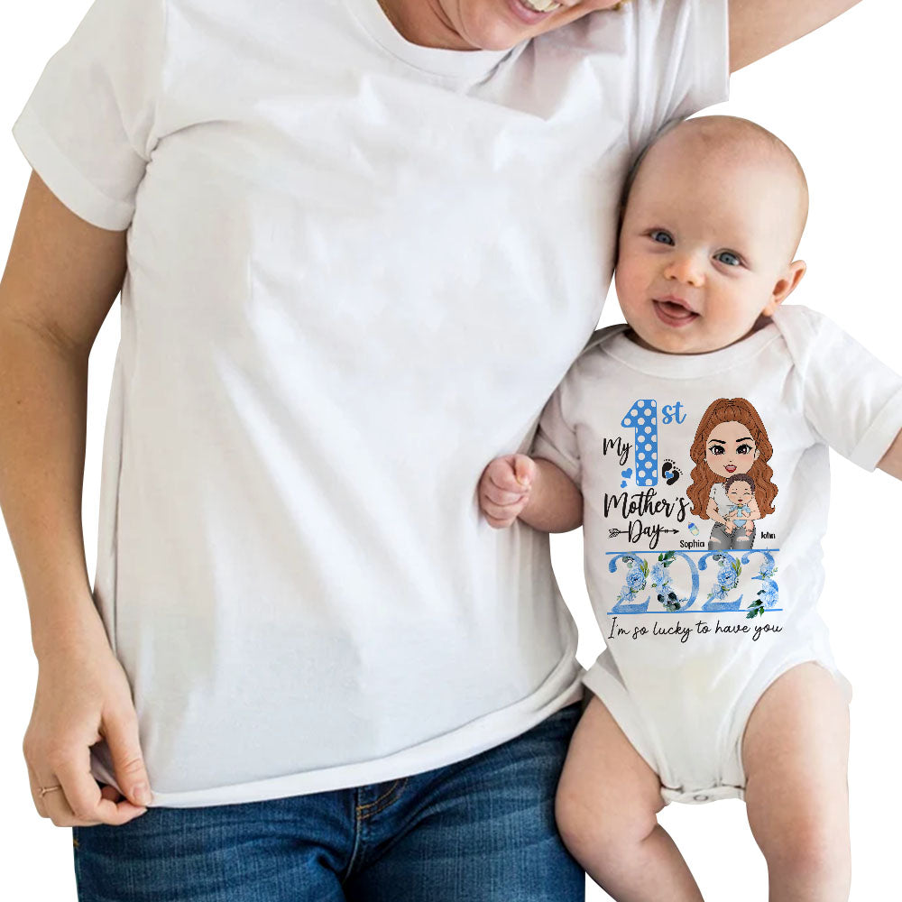 My 1st Mother's Day 2024 I Am So Lucky To Have You Custom shirt For First Mom Baby Onesie Gift H2511
