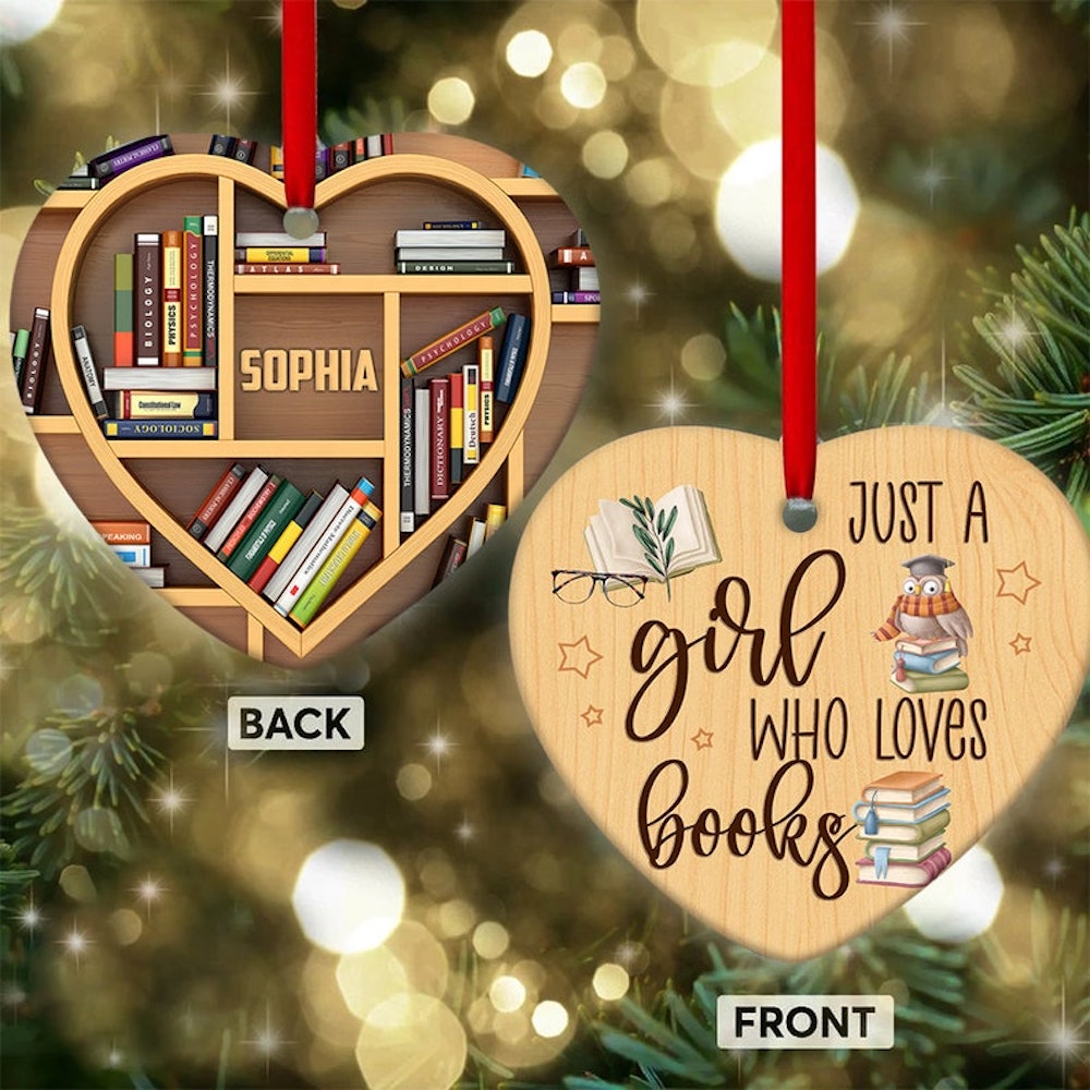 Personalized Book Lover Heart Ornament - Just The Girl In Love With Her Books Wooden Ornament