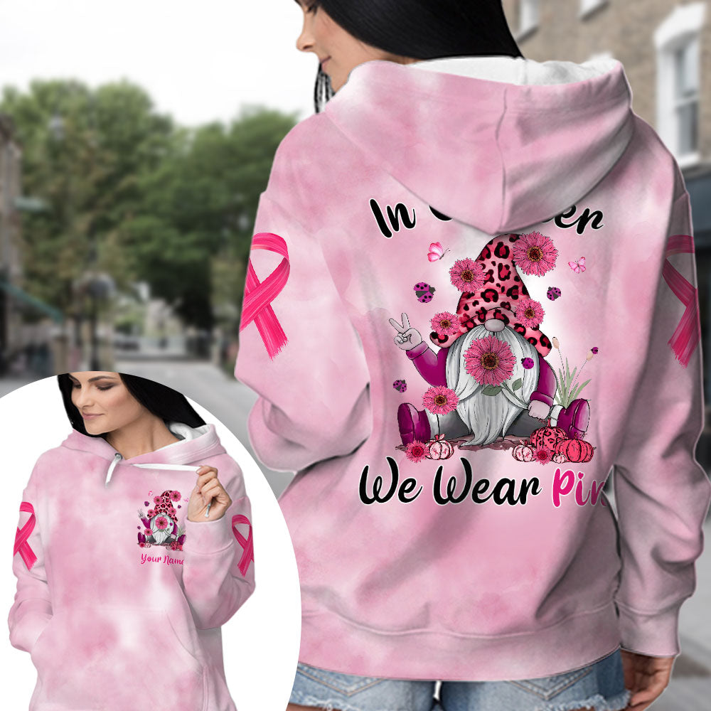 In October We Wear Pink, Shirts For Helping Rase Awareness Of Breast Cancer, Gnome Art Print, Name Can Be Changed