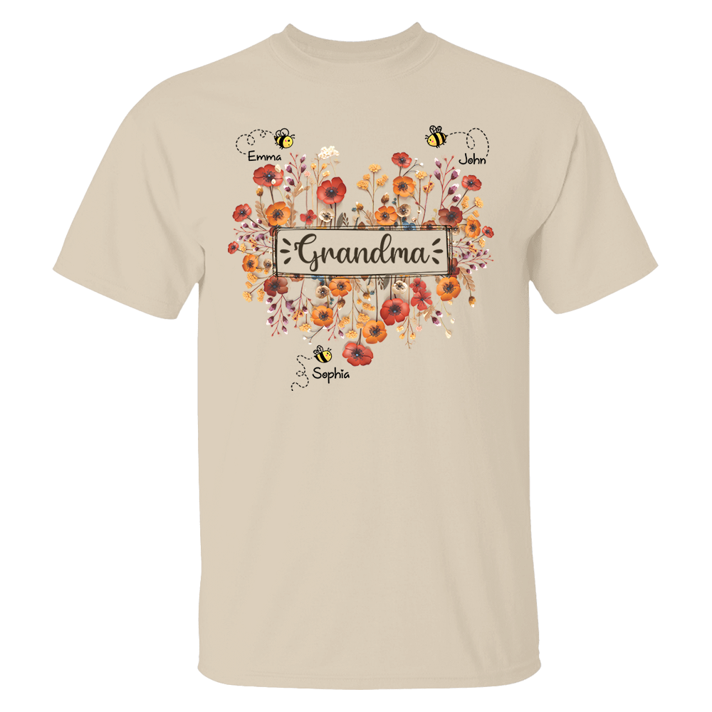 Personalized Grandma Bee Boho Wild Flowers And Grandkids Mother's Day Shirt