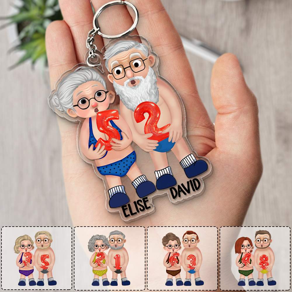 Old Couple Holding Balloons Anniversary Gift Personalized Acrylic Keychain