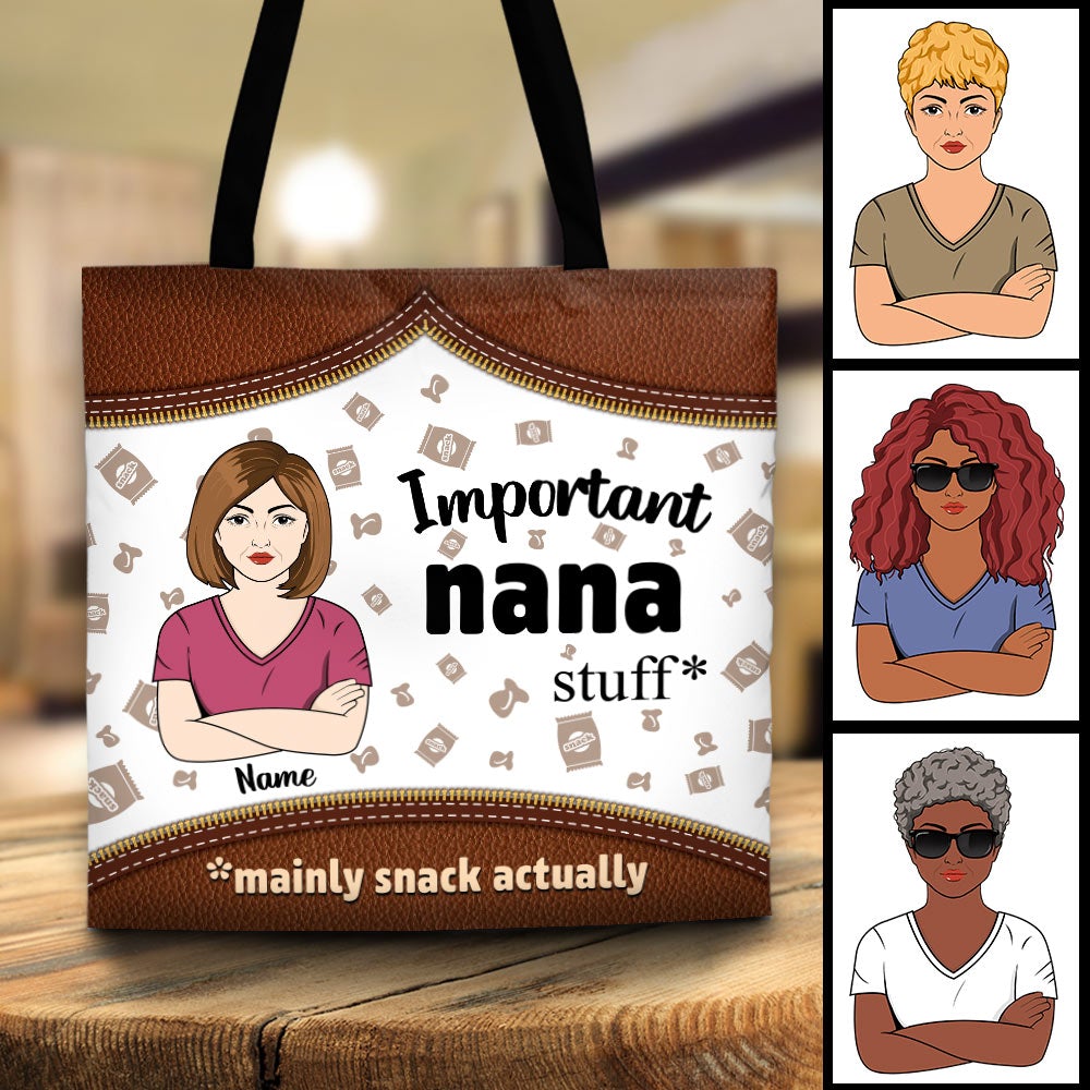 Personalized Important Nana Stuff Mainly Snack Actually Leather Pattern Tote Bag Funny Grandma Nana Stuff Tote Bag