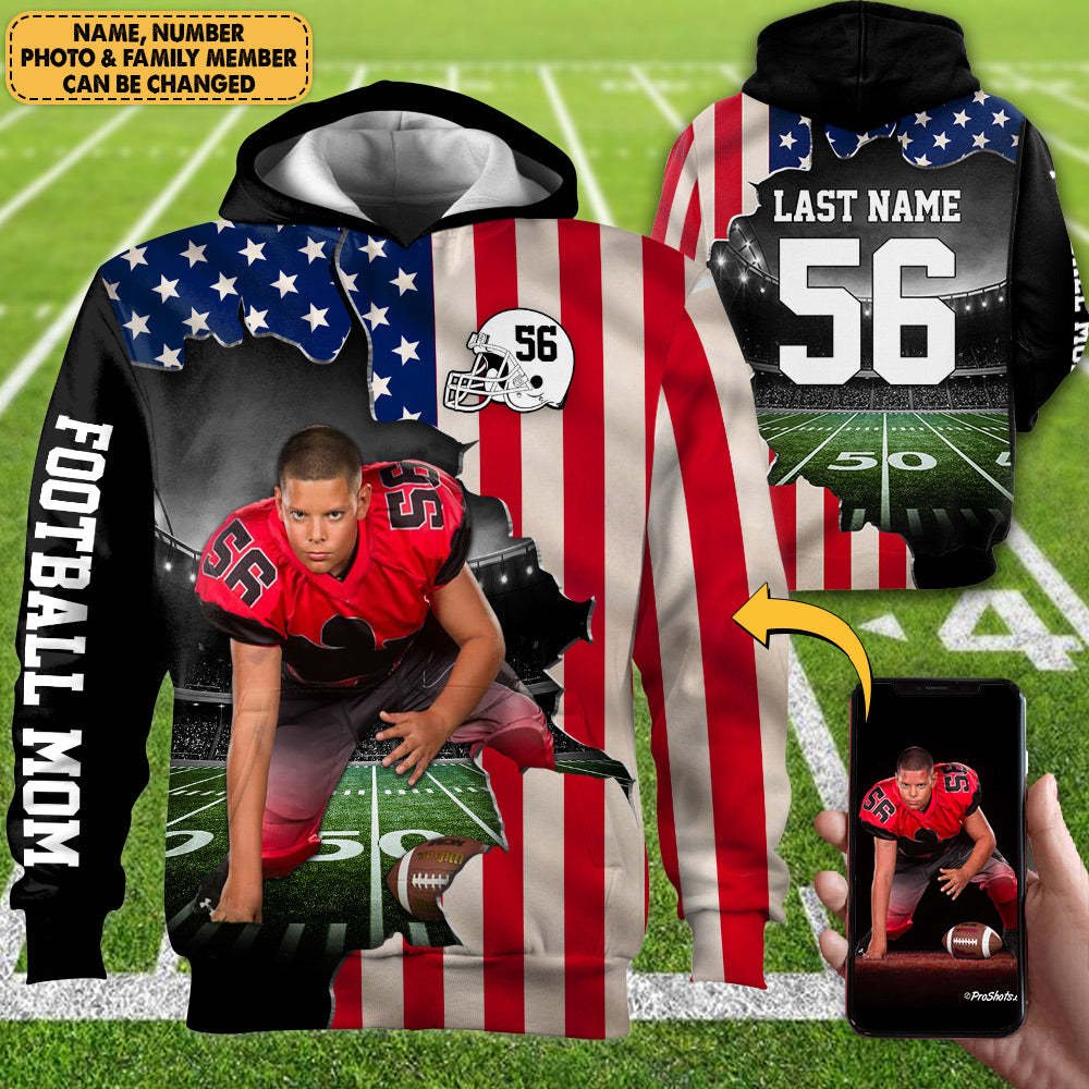 Personalized American Football Player Photo American Flag All Over Print Shirt For Football Mom Dad All Family Member H2511