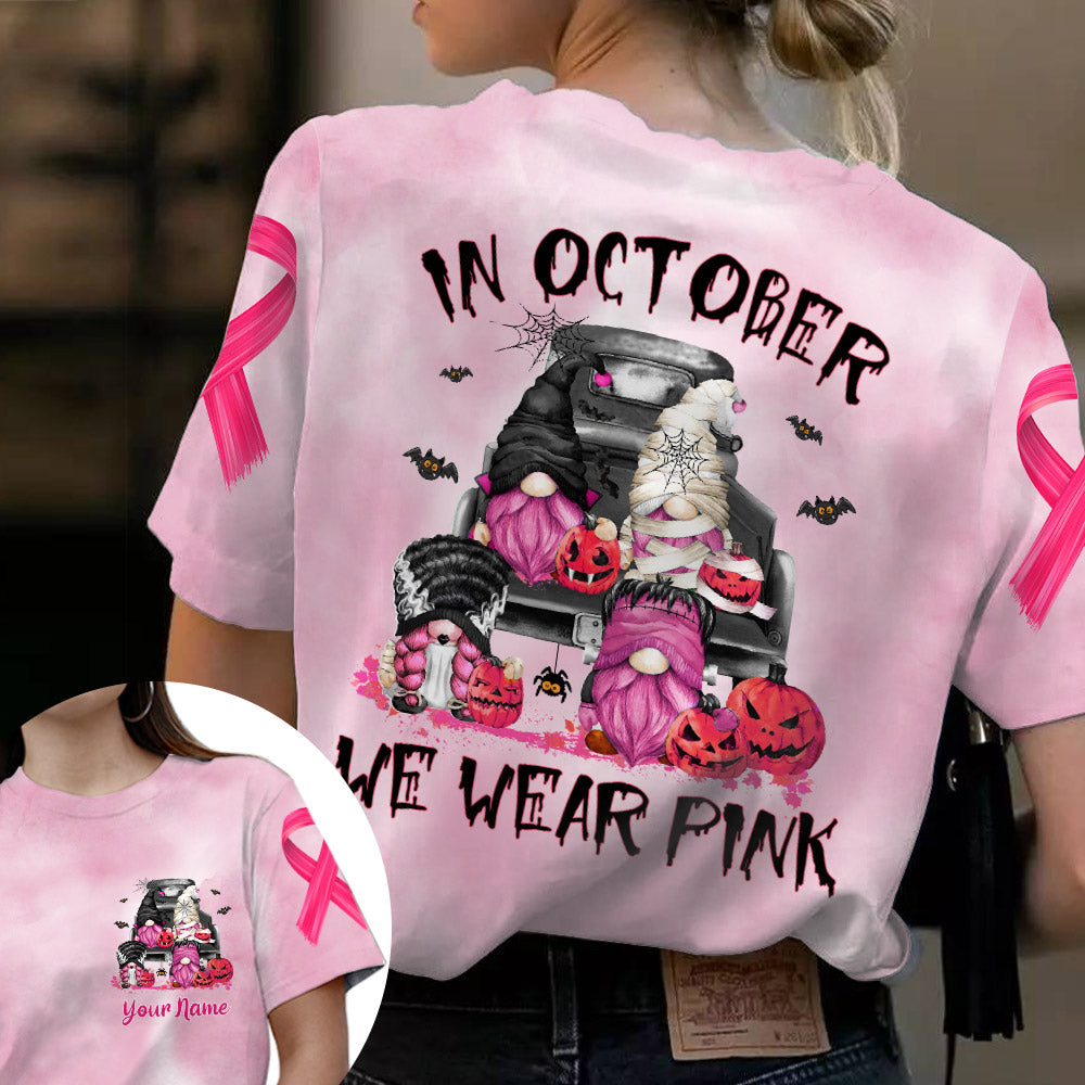 In October We Wear Pink, Shirts For Helping Raise Awareness Of Breast Cancer, Halloween Gnomes Art Print, Name Can Be Changed