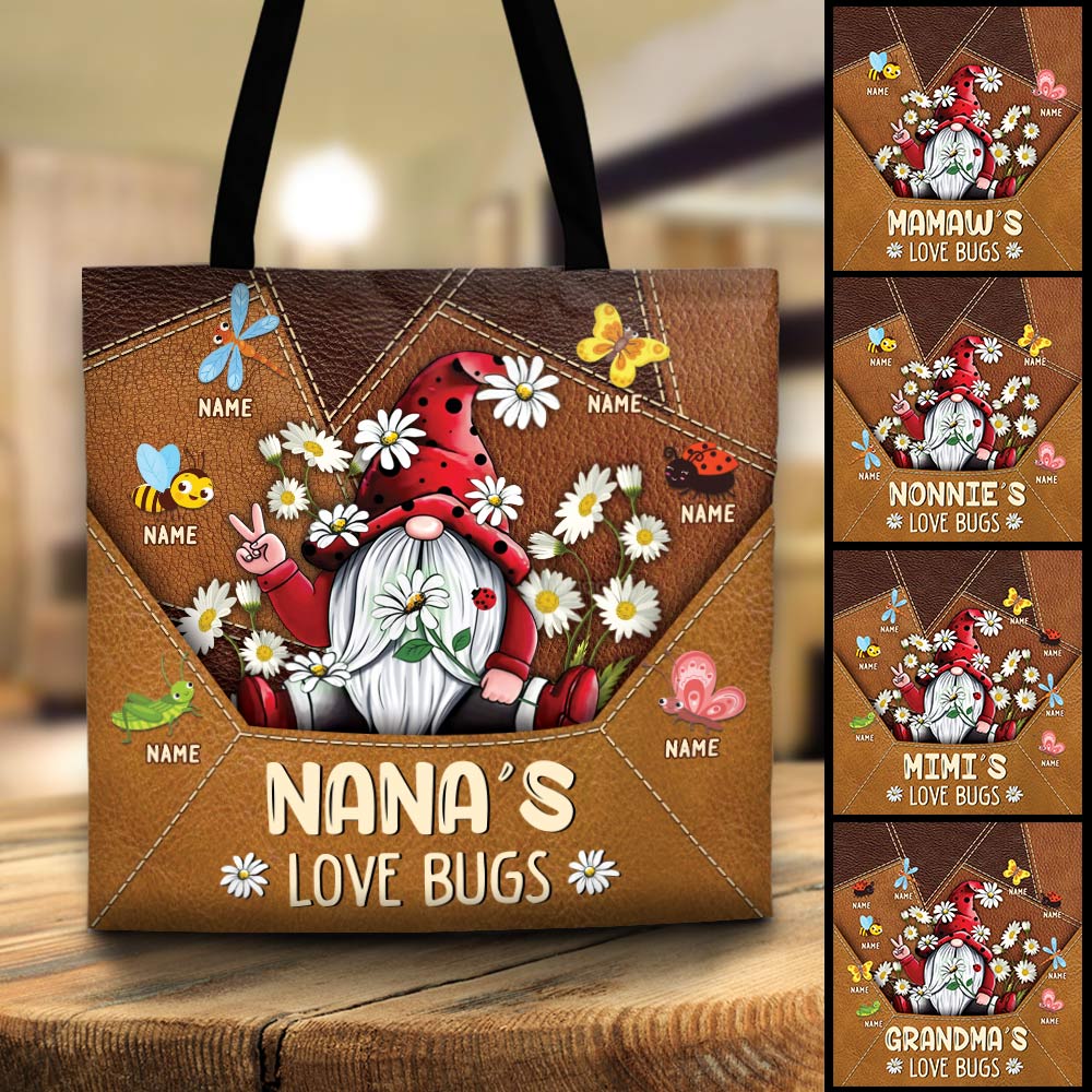 Personalized Nana's Love Bug Gnomes Flower Tote Bag Nana With Grandkids Name Tote Bag For Grandma