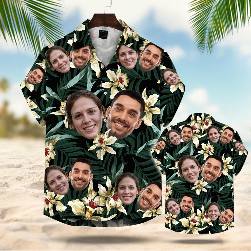 Custom Face Leaves & Flowers Pattern Hawaiian Shirt Aloha Shirt Gift For Men For Her
