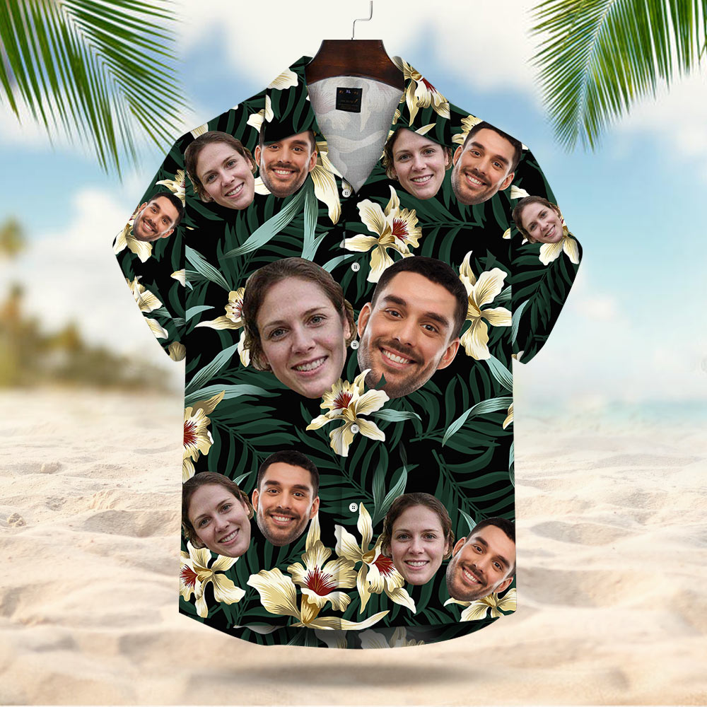 Custom Face Leaves & Flowers Pattern Hawaiian Shirt Aloha Shirt Gift For Men For Her