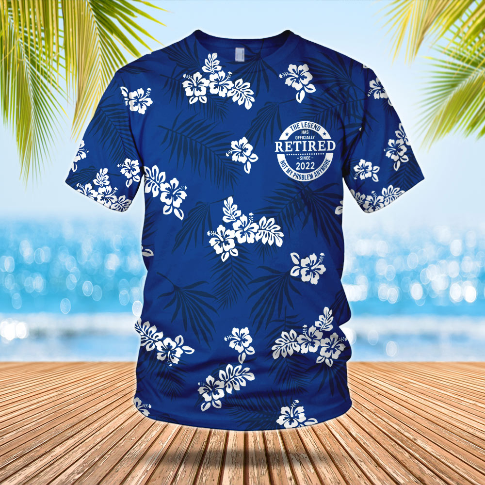 Personalized The Legend Has Retired, Not My Problem Any More, Blue Hibiscus All Over Print T-Shirt For Grandpa
