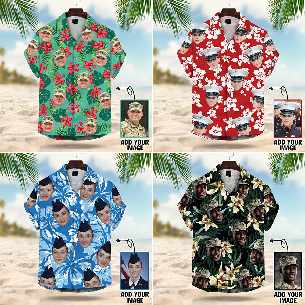 Personalized Hawaiian Custom Leaves & Flowers Pattern With Custom Photo Face Shirt Hawaiian Military Custom Face Veteran Custom Face Shirt Aloha Hk10