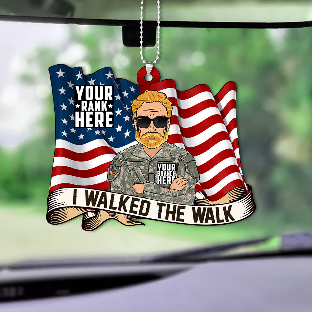 Custom Branch Rank I Walked The Walk Combat Boot With Dog Tags Flag Personalized Car Ornament Gift For Veteran H2511
