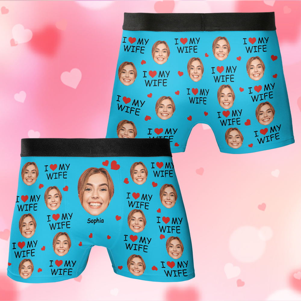 I Love My Wife Personalized Photo Men's Boxer Briefs, Custom Muti-Face Boxer For Husband, Custom Face Underwear, Valentine's Day Gift