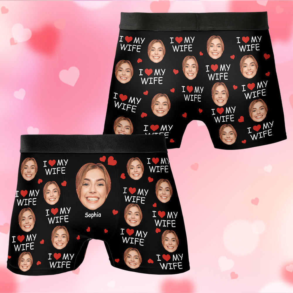 I Love My Wife Personalized Photo Men's Boxer Briefs, Custom Muti-Face Boxer For Husband, Custom Face Underwear, Valentine's Day Gift
