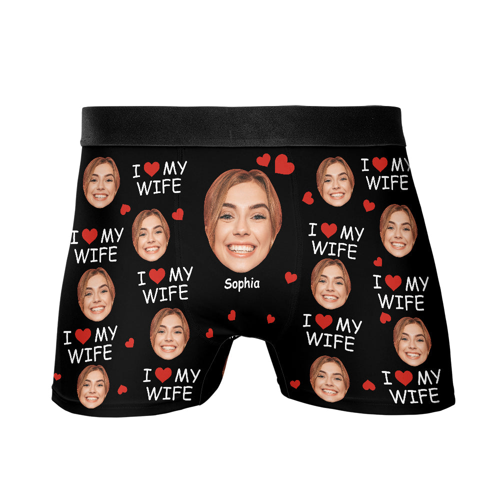 I Love My Wife Personalized Photo Men's Boxer Briefs, Custom Muti-Face Boxer For Husband, Custom Face Underwear, Valentine's Day Gift