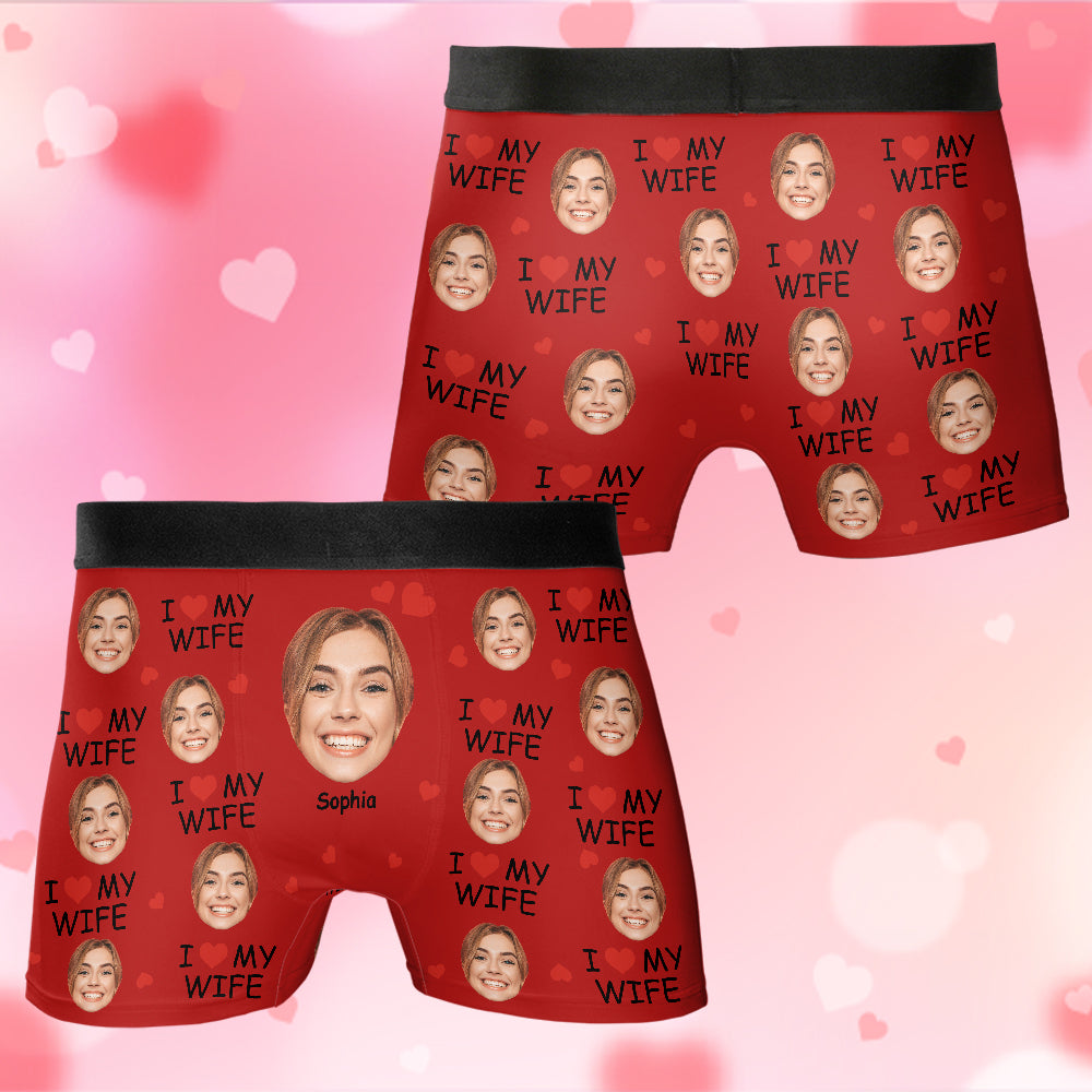I Love My Wife Personalized Photo Men's Boxer Briefs, Custom Muti-Face Boxer For Husband, Custom Face Underwear, Valentine's Day Gift