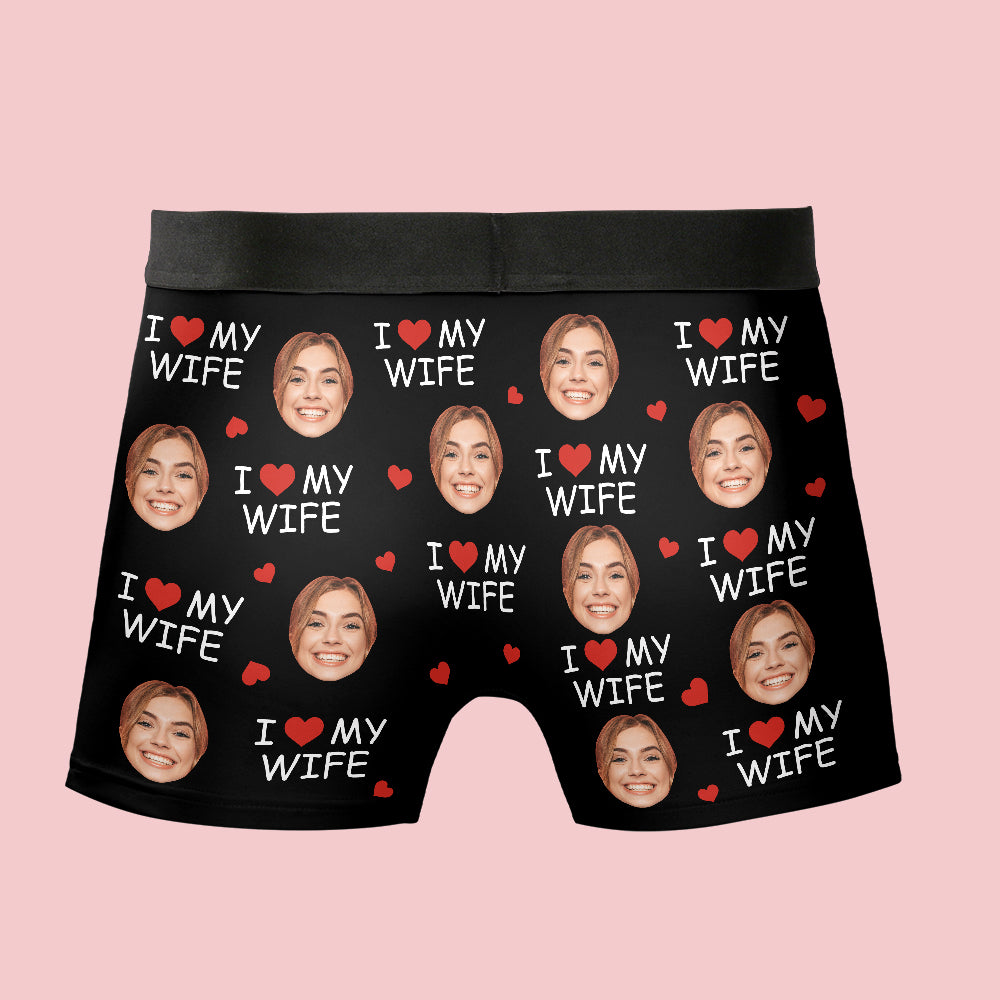 I Love My Wife Personalized Photo Men's Boxer Briefs, Custom Muti-Face Boxer For Husband, Custom Face Underwear, Valentine's Day Gift