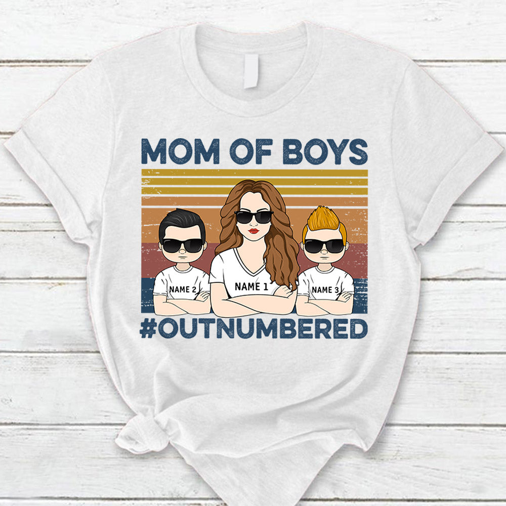 Mom Of Boys Outnumbered Hashtag Personalized T-Shirt Funny Mom With Kids Names T-Shirt Gift For Mom