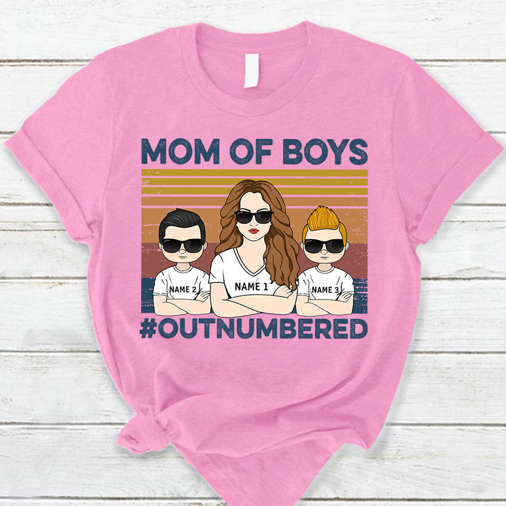 Mom Of Boys Outnumbered Hashtag Personalized T-Shirt Funny Mom With Kids Names T-Shirt Gift For Mom