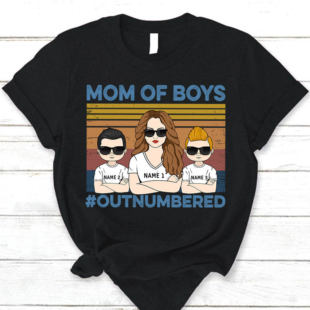 Mom Of Boys Outnumbered Hashtag Personalized T-Shirt Funny Mom With Kids Names T-Shirt Gift For Mom