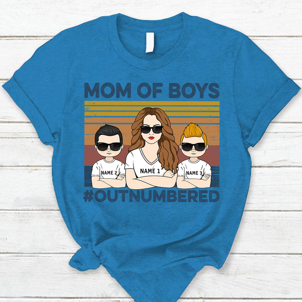 Mom Of Boys Outnumbered Hashtag Personalized T-Shirt Funny Mom With Kids Names T-Shirt Gift For Mom