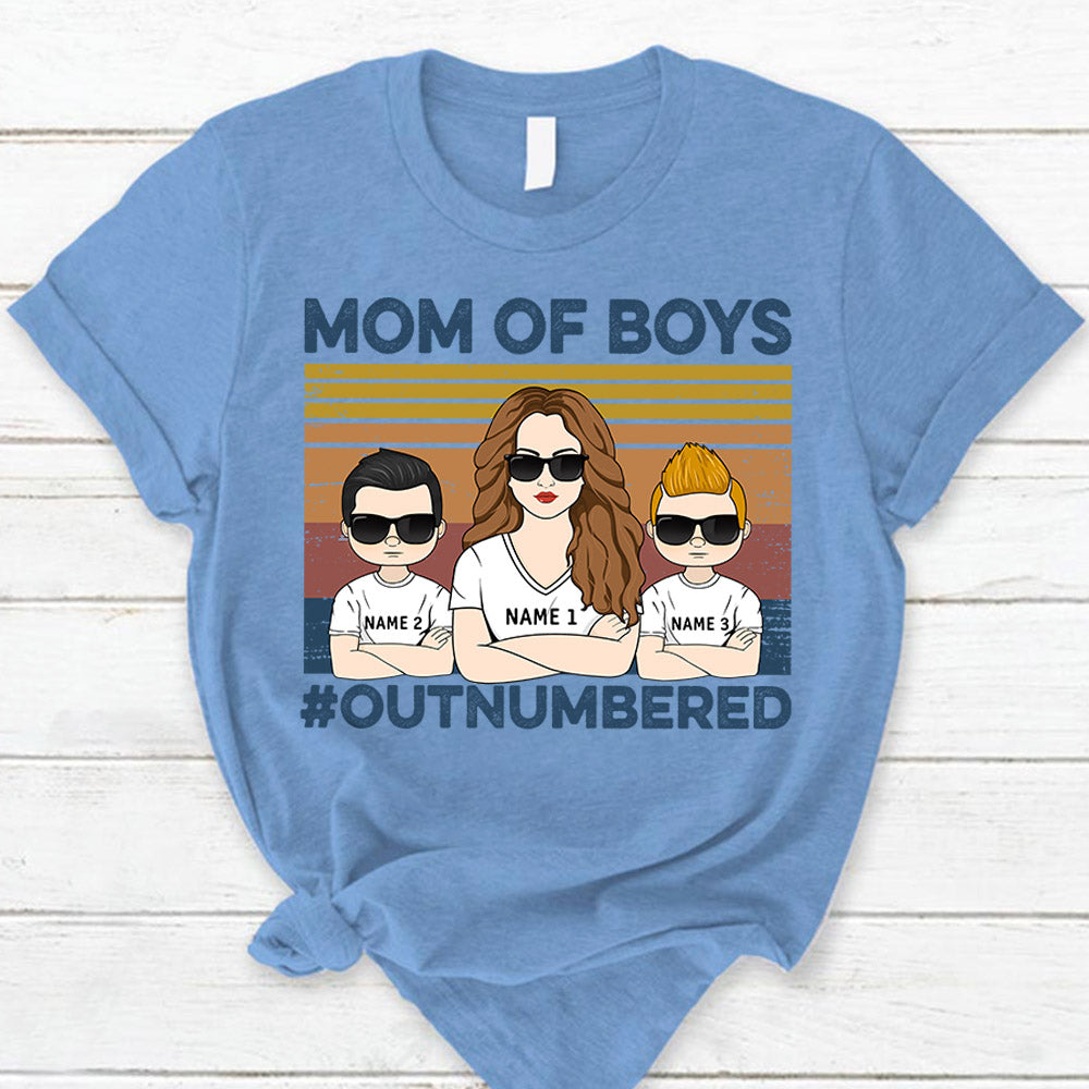 Mom Of Boys Outnumbered Hashtag Personalized T-Shirt Funny Mom With Kids Names T-Shirt Gift For Mom