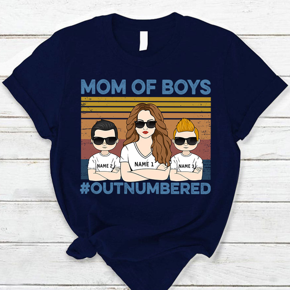 Mom Of Boys Outnumbered Hashtag Personalized T-Shirt Funny Mom With Kids Names T-Shirt Gift For Mom