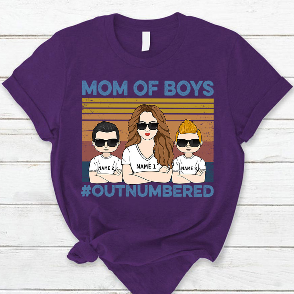 Mom Of Boys Outnumbered Hashtag Personalized T-Shirt Funny Mom With Kids Names T-Shirt Gift For Mom
