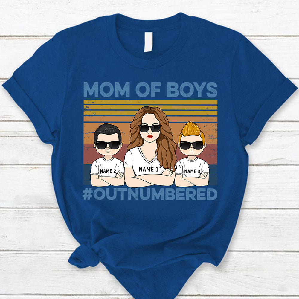 Mom Of Boys Outnumbered Hashtag Personalized T-Shirt Funny Mom With Kids Names T-Shirt Gift For Mom