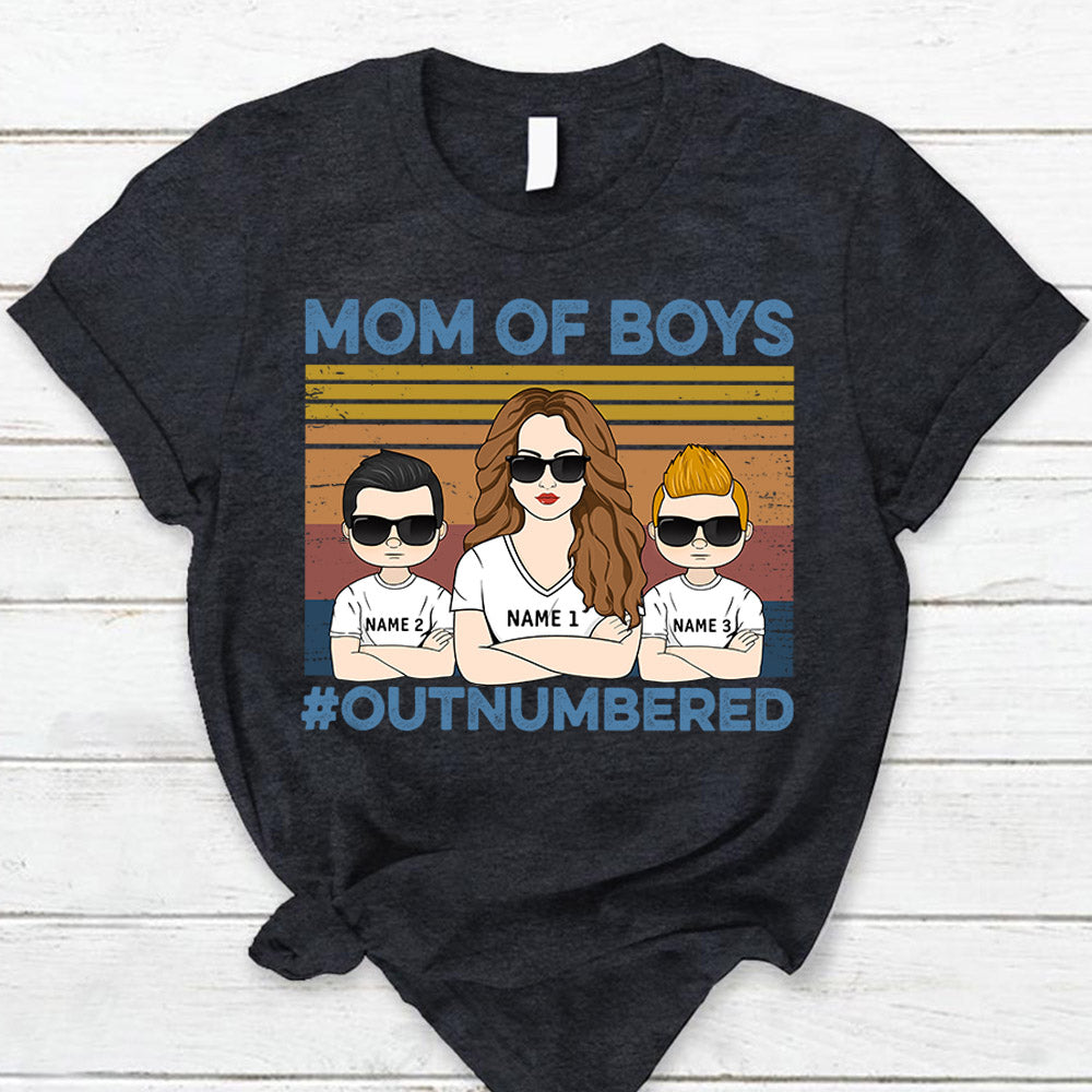 Mom Of Boys Outnumbered Hashtag Personalized T-Shirt Funny Mom With Kids Names T-Shirt Gift For Mom