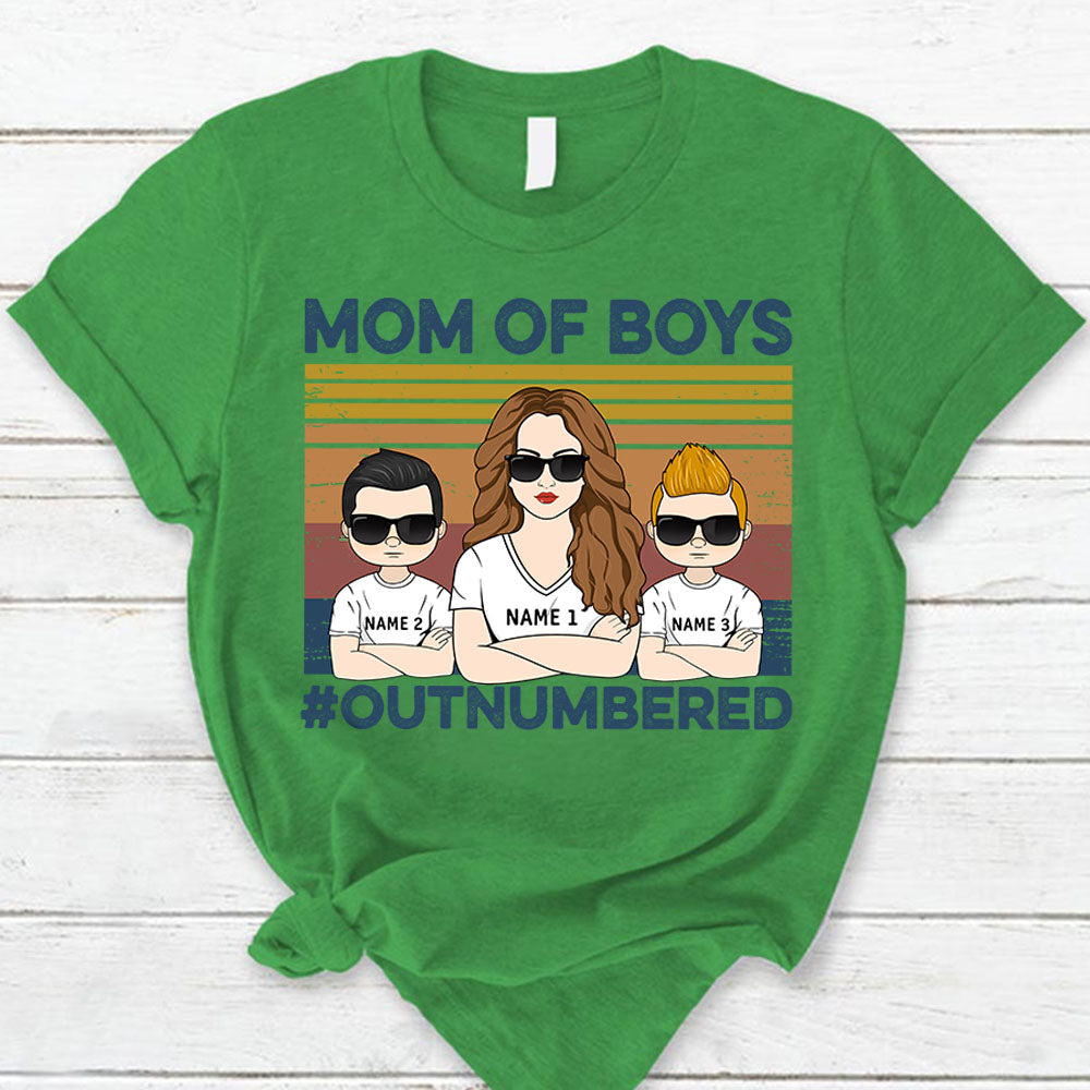Mom Of Boys Outnumbered Hashtag Personalized T-Shirt Funny Mom With Kids Names T-Shirt Gift For Mom