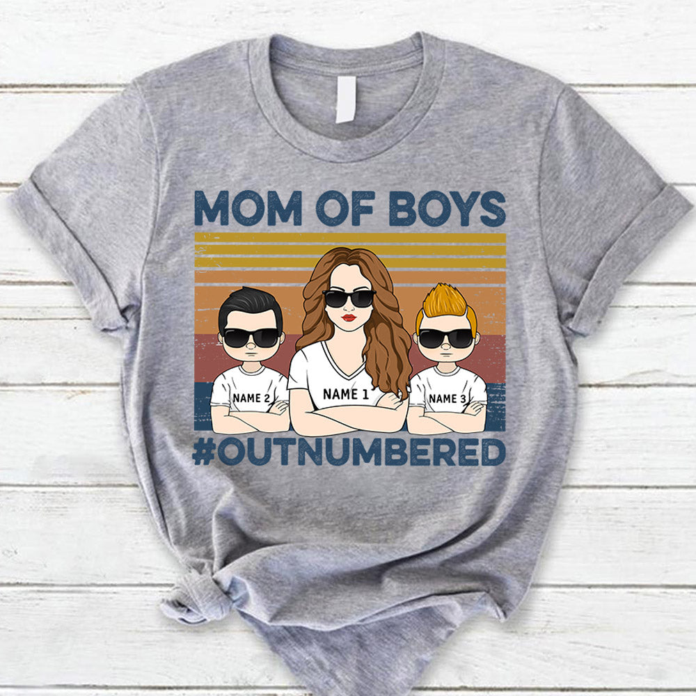 Mom Of Boys Outnumbered Hashtag Personalized T-Shirt Funny Mom With Kids Names T-Shirt Gift For Mom