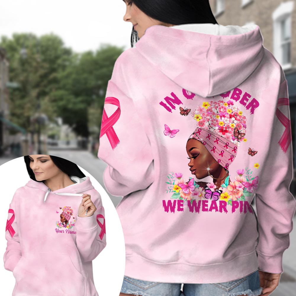 In October We Wear Pink Personalized All Over Print Shirts For Breast Cancer Family Member, Black Queen
