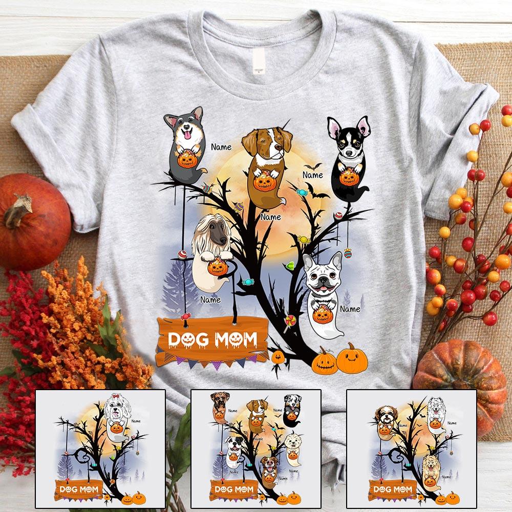 Dog Mom Halloween Tree With Little Ghost Shirt, Funny Dog Mom Halloween Shirt, Custom Dog Breed And Dog Name Shirt.