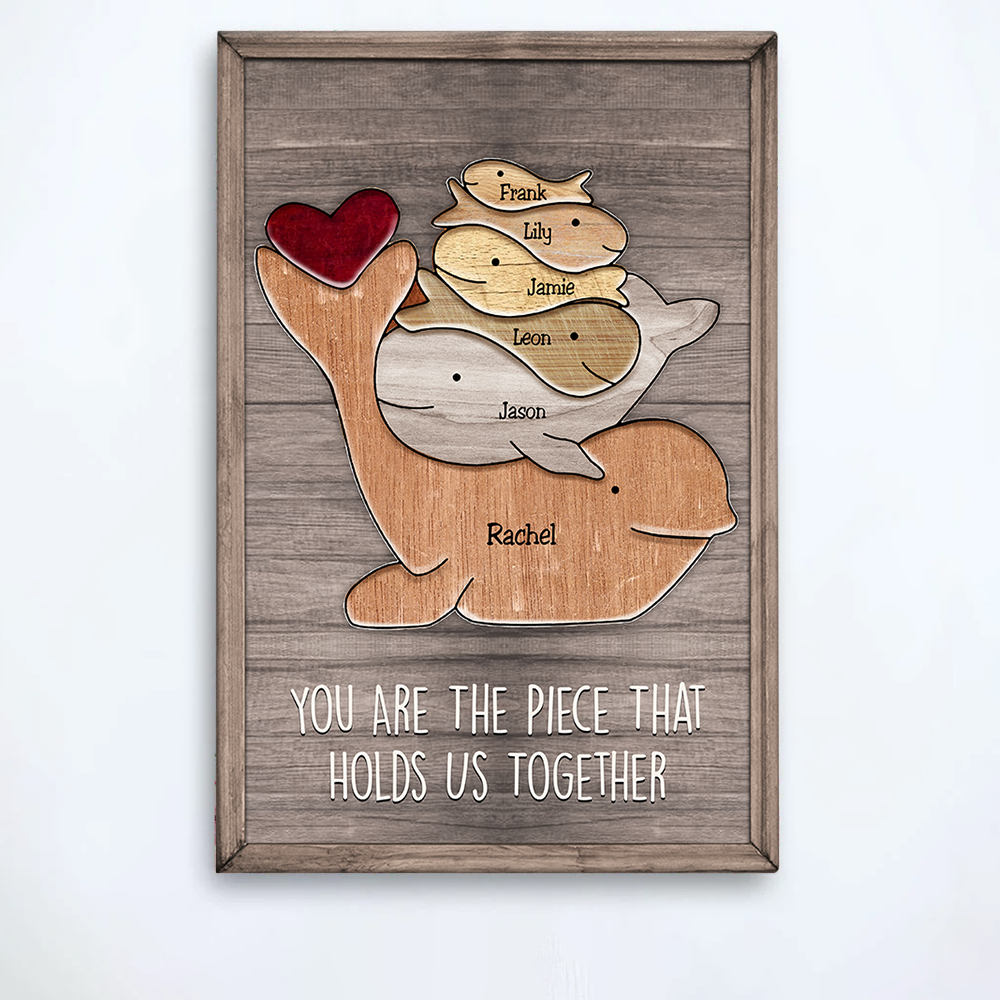 Puzzle Canvas Mom You Are The Piece That Holds Us Together - Family Whale - Personalized Canvas Gift For Mother - Mother's Day Gift For Her