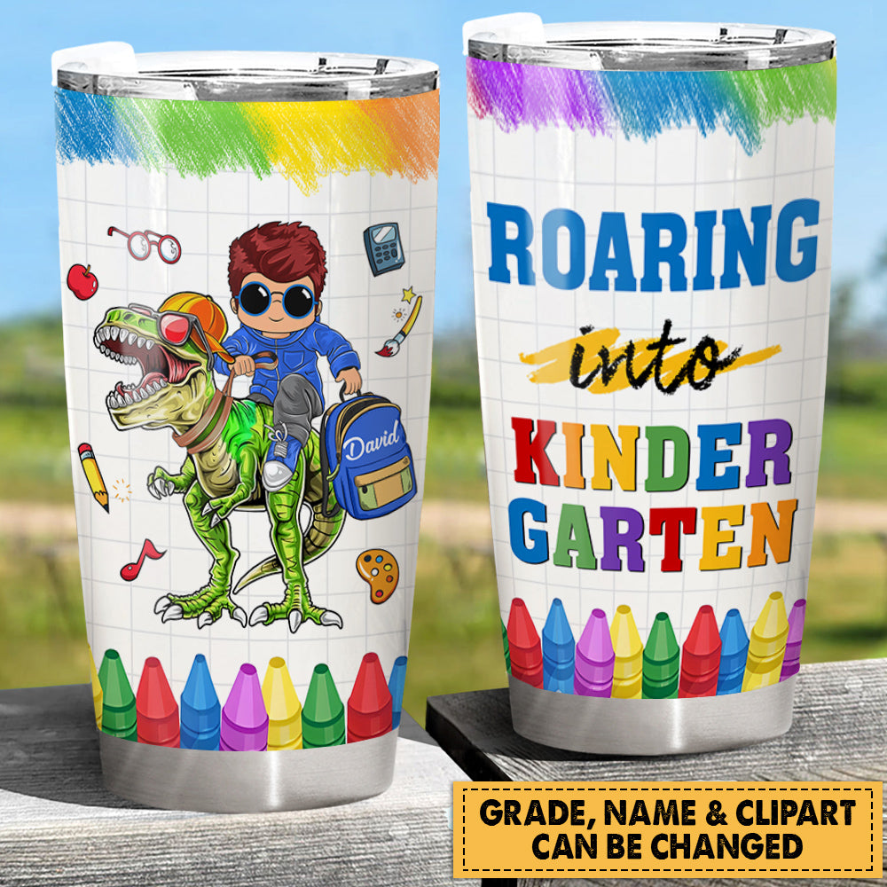 Personalized Roaring Into Kindergarten, Riding Dinosaurs, Colorful Crayons, Back To School Tumbler For Kid