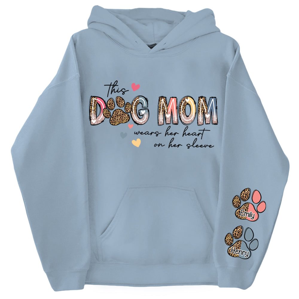 This Dog Mom Wears Her Heart On Her Sleeve Shirt, Dog Paw Shirt, Custom Dog Name Shirt, Glitter Dog Mama Shirt, Dog Mom, Dog Lover Shirt