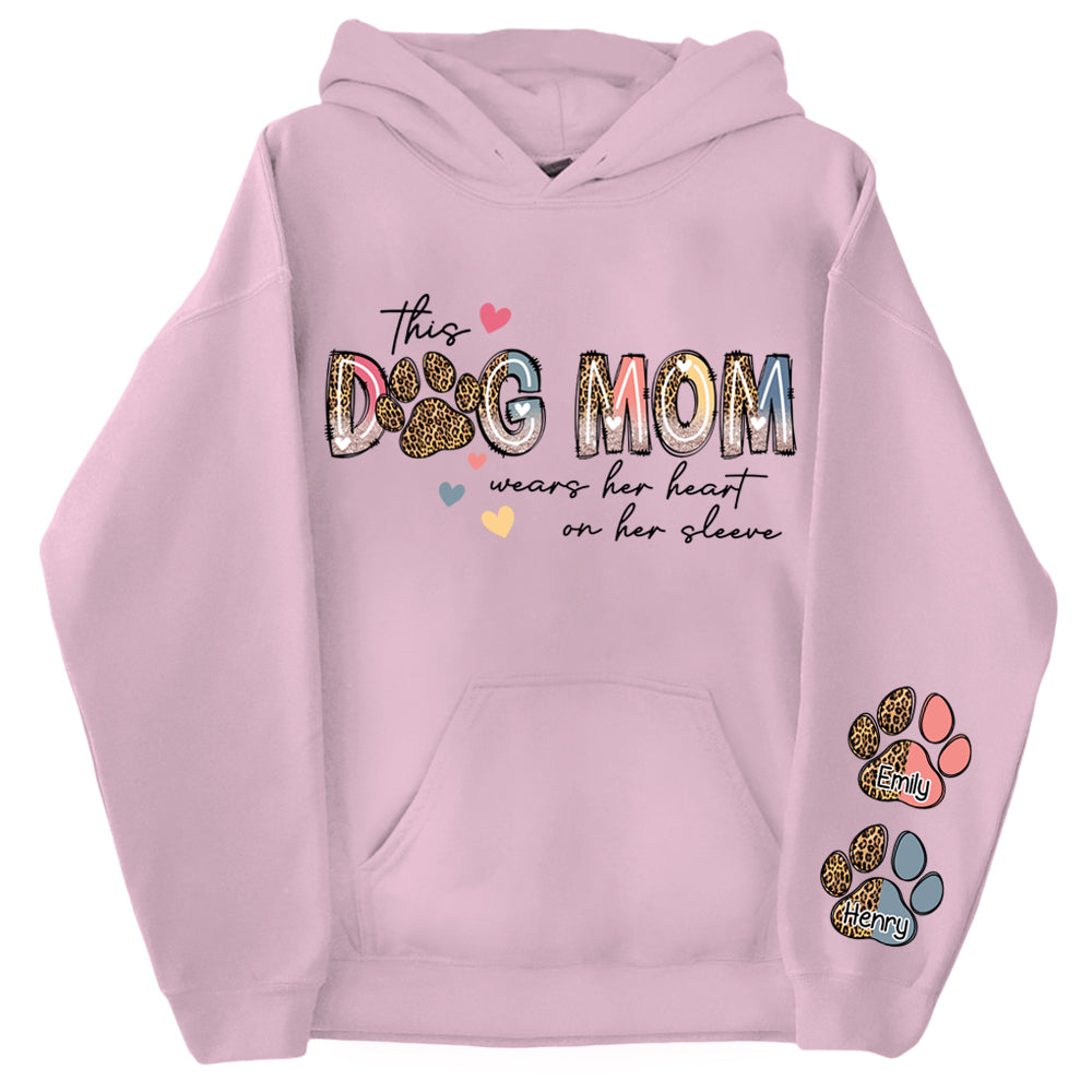 This Dog Mom Wears Her Heart On Her Sleeve Shirt, Dog Paw Shirt, Custom Dog Name Shirt, Glitter Dog Mama Shirt, Dog Mom, Dog Lover Shirt