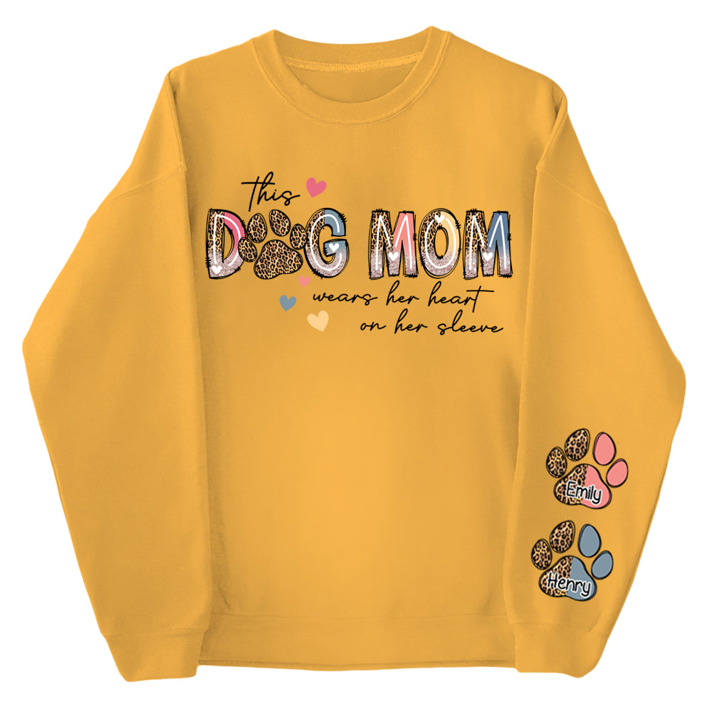 This Dog Mom Wears Her Heart On Her Sleeve Shirt, Dog Paw Shirt, Custom Dog Name Shirt, Glitter Dog Mama Shirt, Dog Mom, Dog Lover Shirt