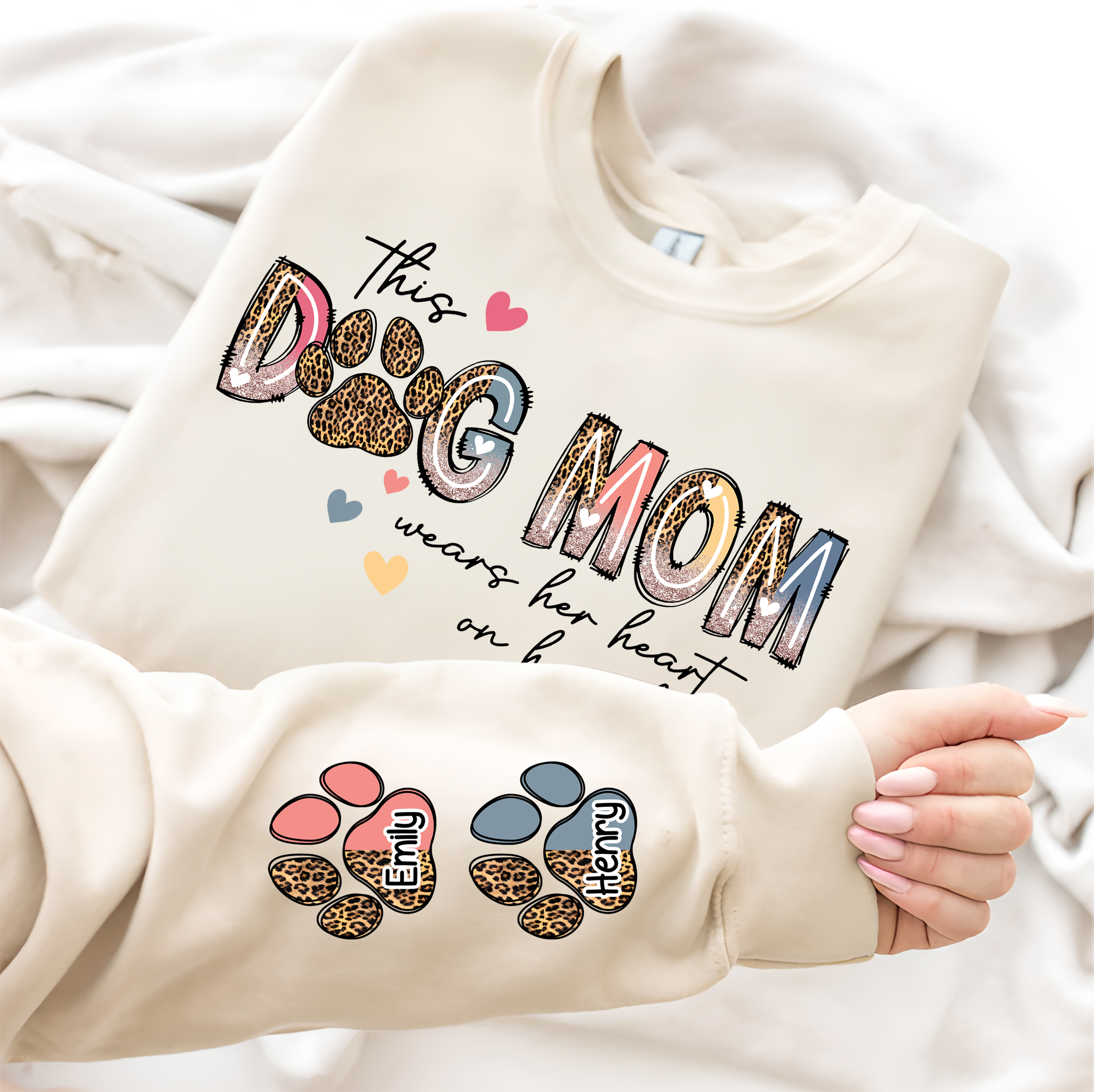 This Dog Mom Wears Her Heart On Her Sleeve Shirt, Dog Paw Shirt, Custom Dog Name Shirt, Glitter Dog Mama Shirt, Dog Mom, Dog Lover Shirt