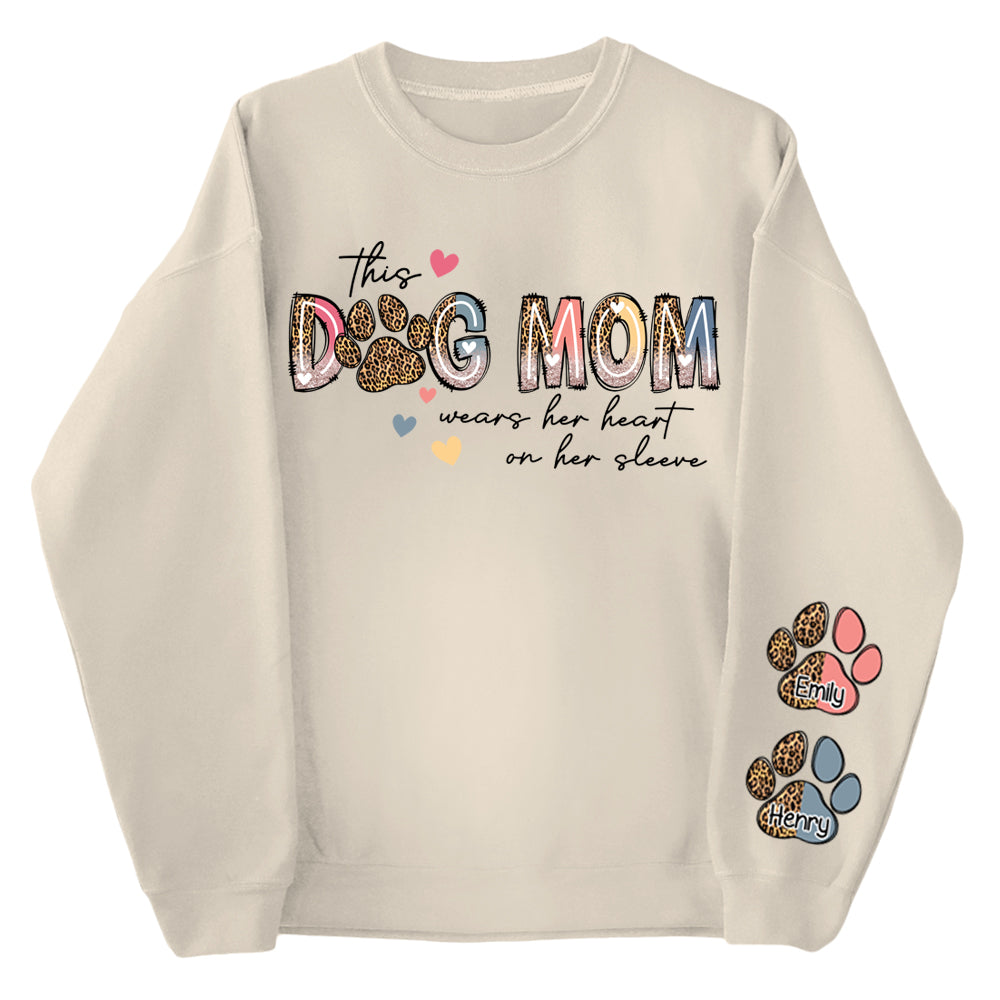 This Dog Mom Wears Her Heart On Her Sleeve Shirt, Dog Paw Shirt, Custom Dog Name Shirt, Glitter Dog Mama Shirt, Dog Mom, Dog Lover Shirt