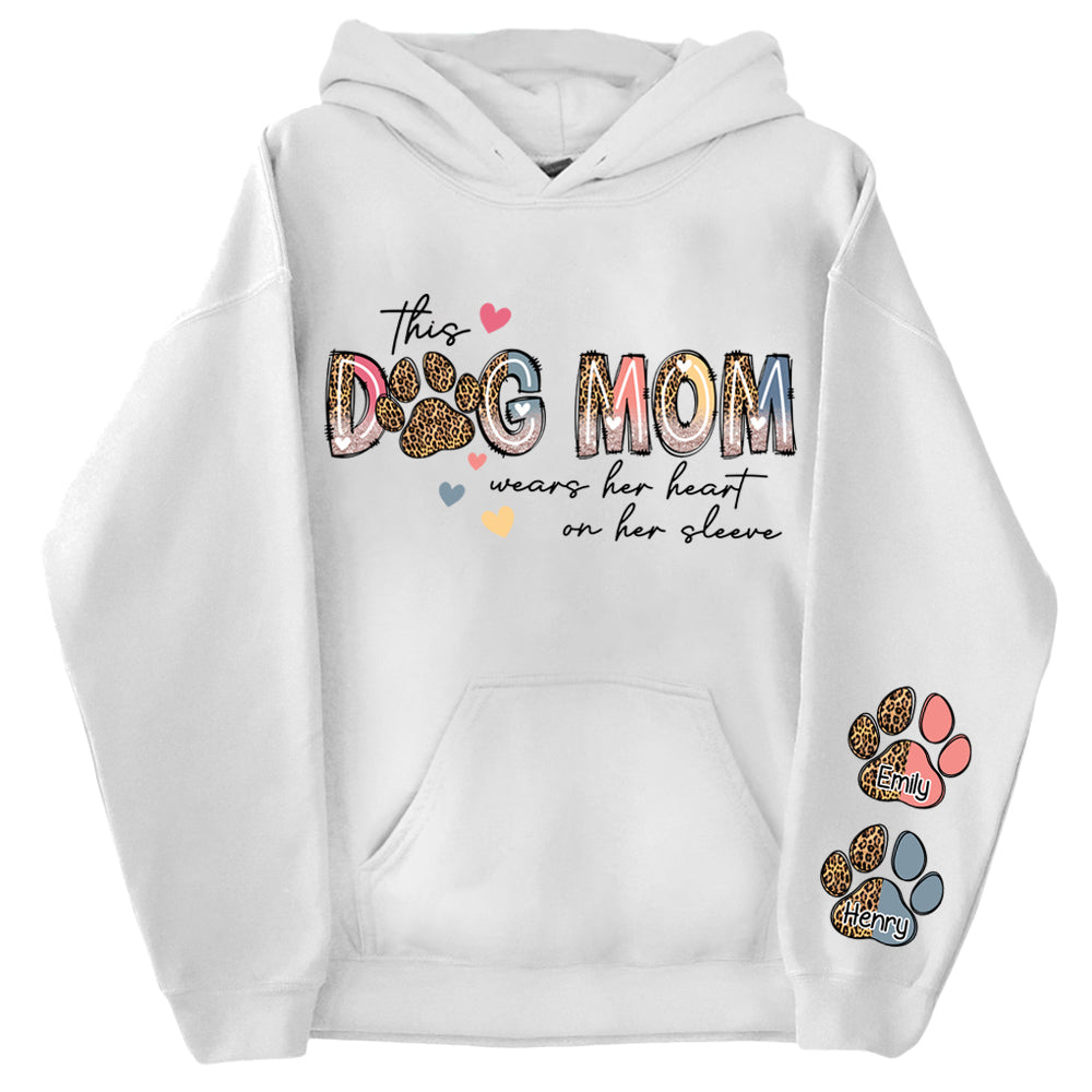 This Dog Mom Wears Her Heart On Her Sleeve Shirt, Dog Paw Shirt, Custom Dog Name Shirt, Glitter Dog Mama Shirt, Dog Mom, Dog Lover Shirt