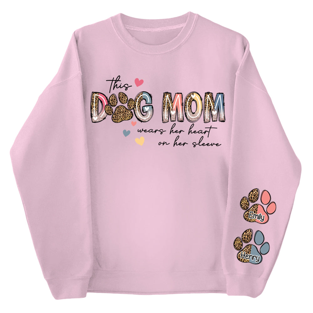 This Dog Mom Wears Her Heart On Her Sleeve Shirt, Dog Paw Shirt, Custom Dog Name Shirt, Glitter Dog Mama Shirt, Dog Mom, Dog Lover Shirt